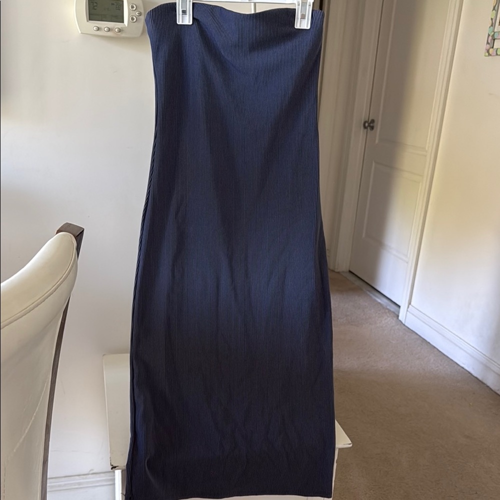 Navy Ribbed Strapless longer than midi Tube  Dress